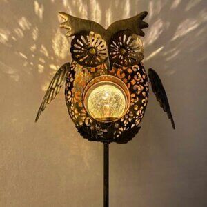 Solar Lights Outdoor Owl Decorative Metal Stakes Lights Crackle Glass